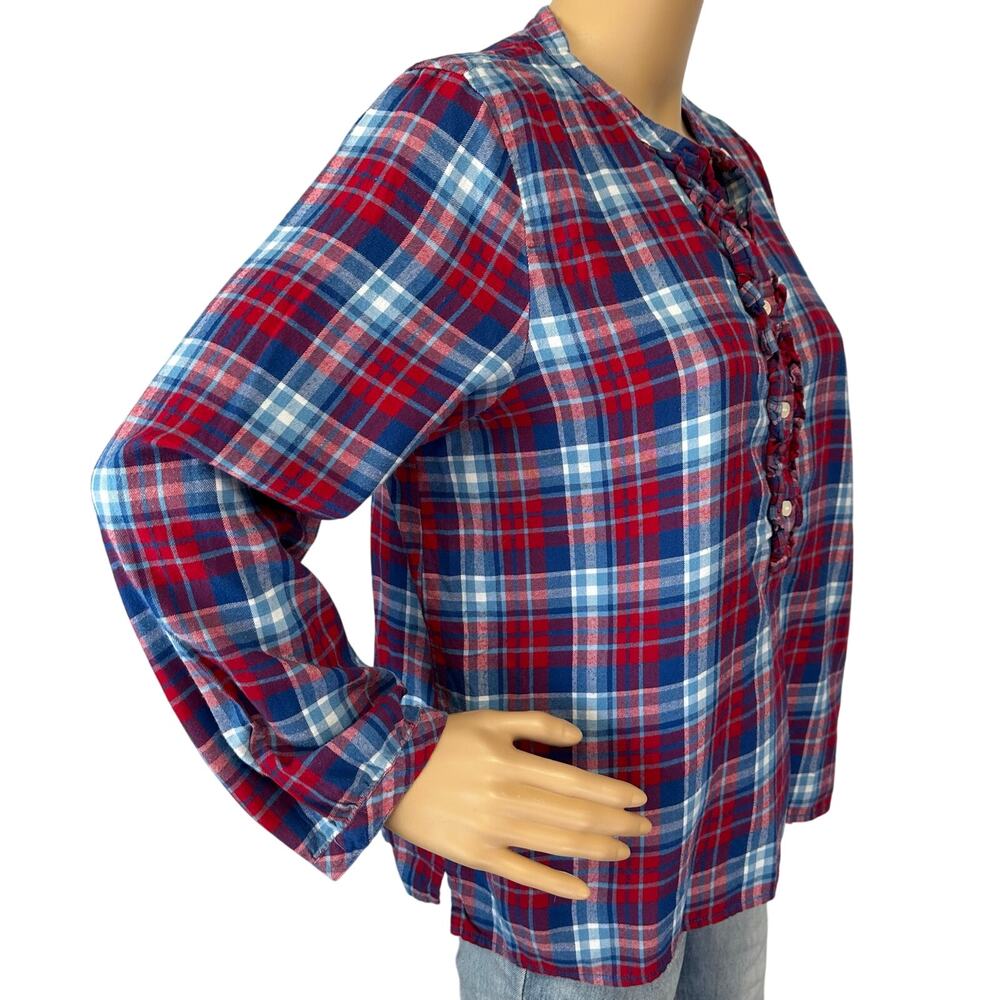 J. Crew Mercantile Ruffle Flannel Shirt Blue Red Plaid J6456 Size M - Picture 3 of 11